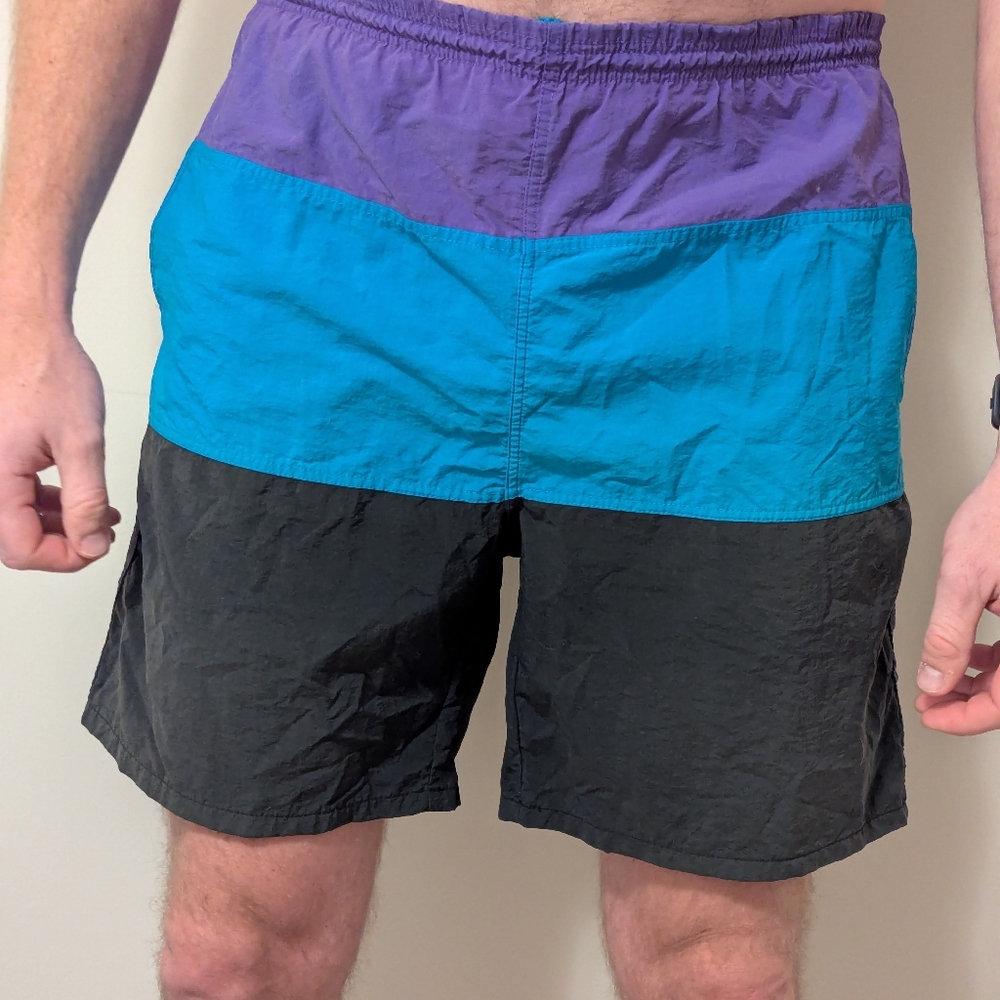 Vintage 80's 90's Beach Cheetah by Mervyns COLORBLOCK  Swim Trunks Men's